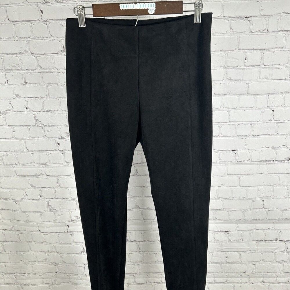 T Tahari Women Black Vegan Leather Pull On Flat Front Skinny Leg Pants M (28x28)